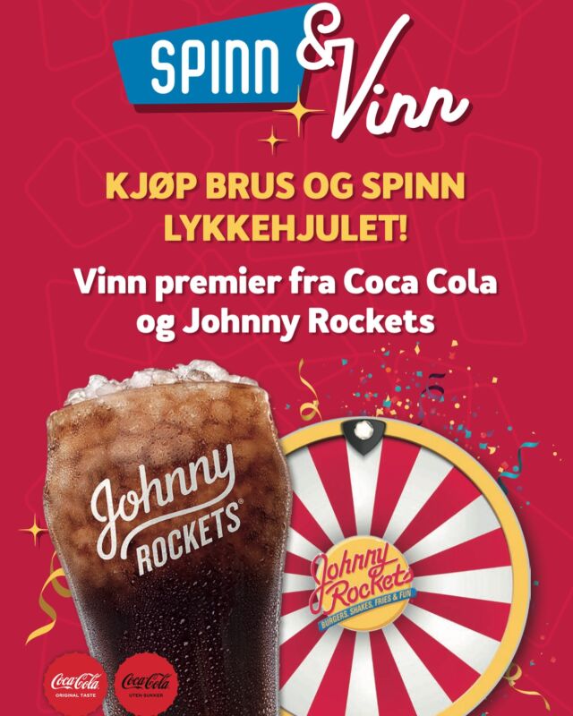 Kjøp brus og spinn lykkehjulet - vinn kule premier fra Johnny Rockets og Coca Cola! 🤞🏼🍔🥤 Lykke til!
#johnnyrockets #cocacola #konkurranse #america #burger #shake #fries #brus #soda #diner